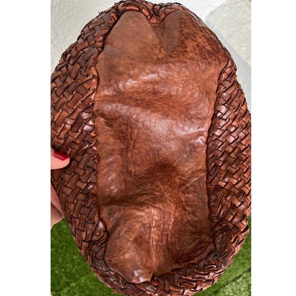 LANGELOTTI Italian Distressed Leather Woven Tote Bag - Crossbody - Tobacco Brown - Picture 6 of 12